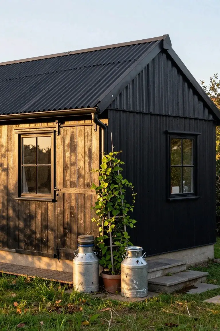 Small black wooden shed with corrugated metal roof, wooden door and window on one side, two metal milk cans and a potted climbing plant in front, stone steps, and grass around it.