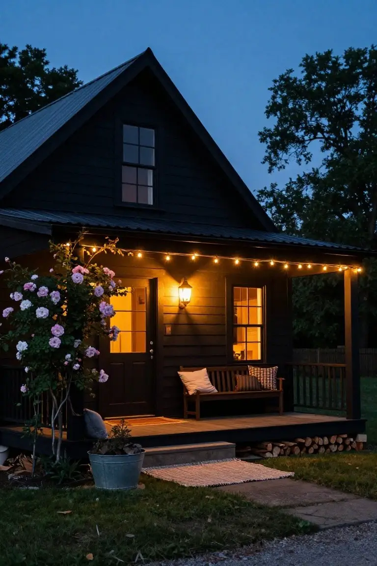 Black wooden house with sloped tin roof and covered front porch at dusk, lit by string lights along the eaves, a wall lantern, wooden bench with pillows, climbing pink roses, metal bucket plant, firewood stack, and stone path.