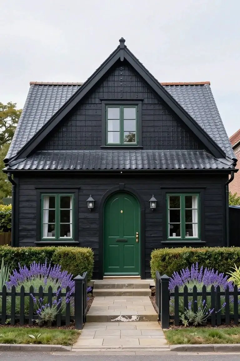Black shingle-sided cottage house with dark tiled gable roof, arched green front door flanked by green windows and lanterns, lavender bushes, and black picket fence along a stone path.
