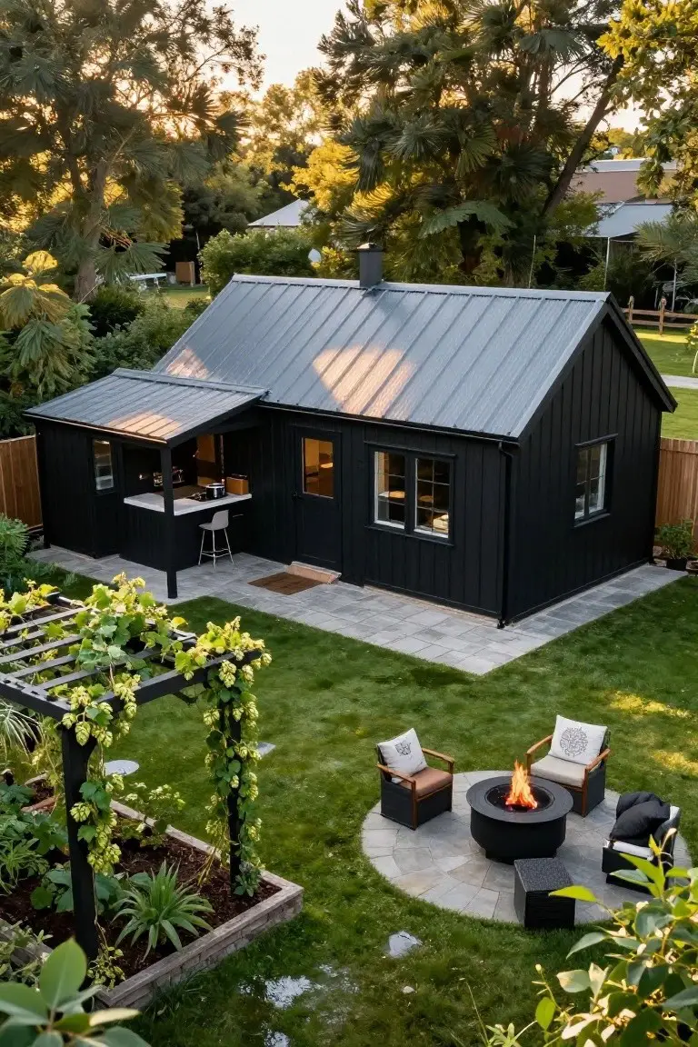 Overhead view of a small black vertical board-and-batten house with gray standing-seam metal roof, attached covered porch with black bar counter and stools, adjacent circular stone patio with black fire pit and rattan seating, surrounded by green lawn, plants, and arbor.