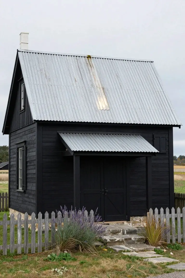 Small black wooden house with gabled corrugated tin roof, covered front porch with double doors, picket fence, lavender and grass plants, stone steps, in a rural field setting.