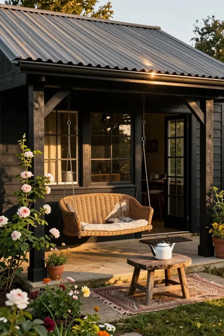 Black timber-framed outbuilding with corrugated metal roof and open porch displaying a hanging rattan swing with cushions, low stump table holding a white teapot, potted plants, climbing roses, and open glass doors.
