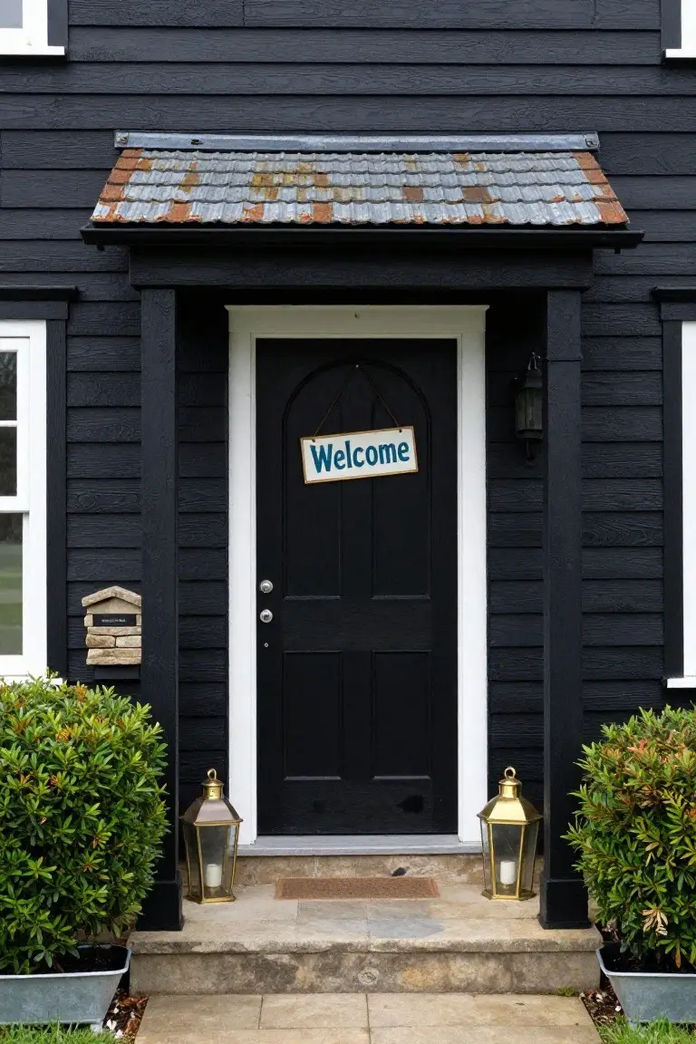 Front exterior of black clapboard house with small overhanging porch of rusted corrugated tin roof above arched black door, gold lanterns flanking steps, boxwood shrubs in metal planters, and welcome sign on door.