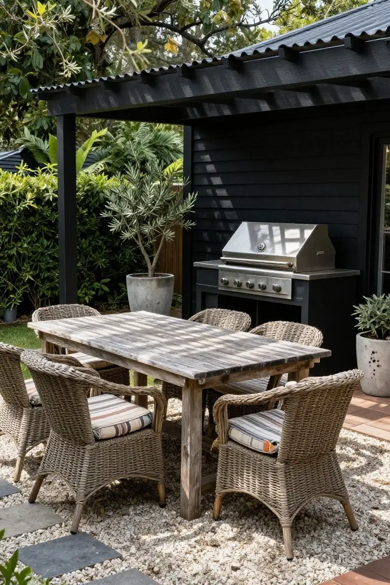 Outdoor dining setup with weathered wood table and rattan chairs under black wood pergola with corrugated tin roof, next to black shed with stainless steel grill, potted plants, hedges, and gravel ground.