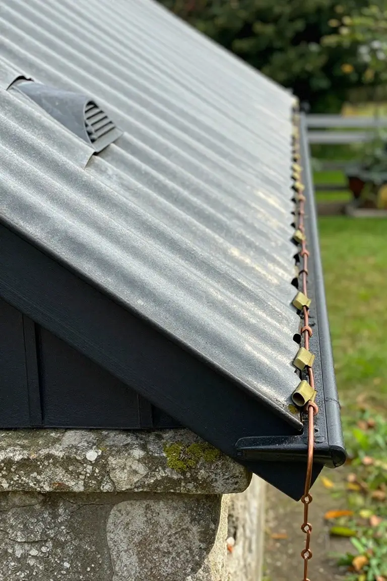 Close-up of corrugated gray tin roof edge with black siding below, copper chain downspouts hanging from the gutter, and mossy stone foundation wall next to green grass.