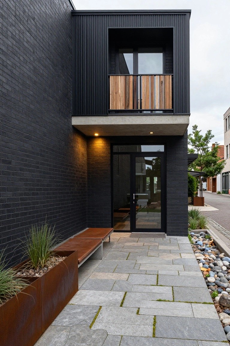 Black brick house exterior with upper wood balcony railing, concrete overhang above glass entry doors, wooden bench beside corten steel planters with grasses, stone paver walkway, and pebble garden edge.