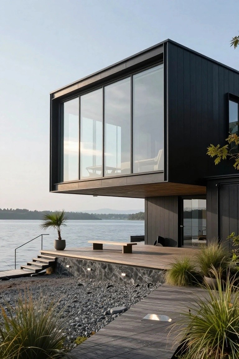 Modern black house with cantilevered glass corner extending over a wooden deck and steps leading to a lake, with pebble shore, grasses, and a palm plant nearby.