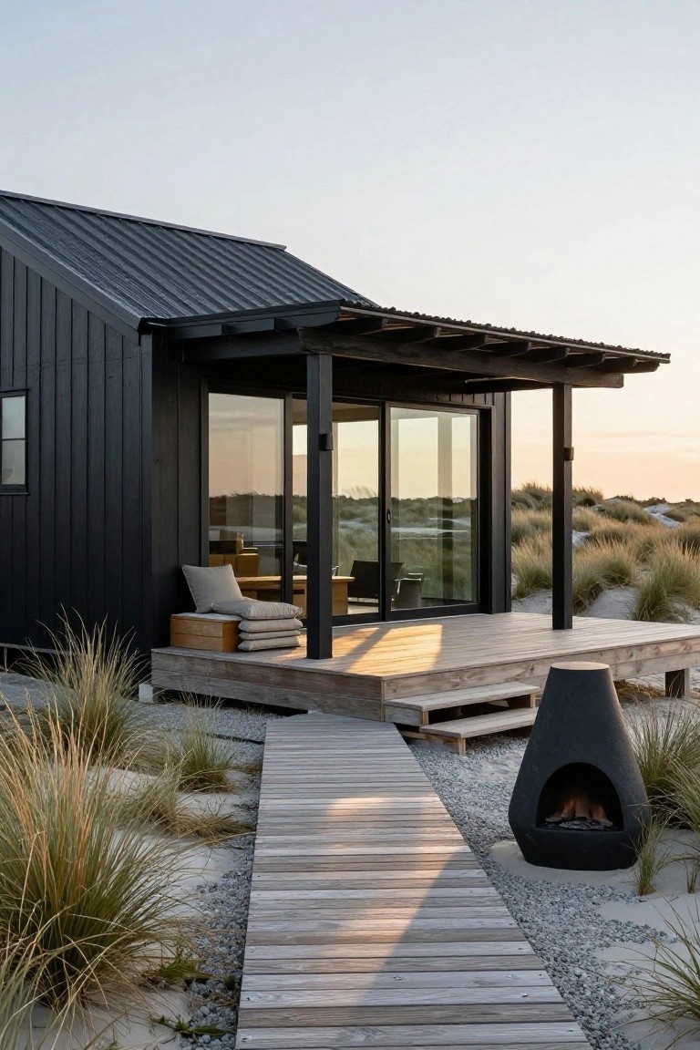 Black wood-clad modern cabin with sloped metal roof and large glass sliding doors on an elevated wooden deck surrounded by sand dunes, beach grasses, a boardwalk path, and a black conical fire pit.