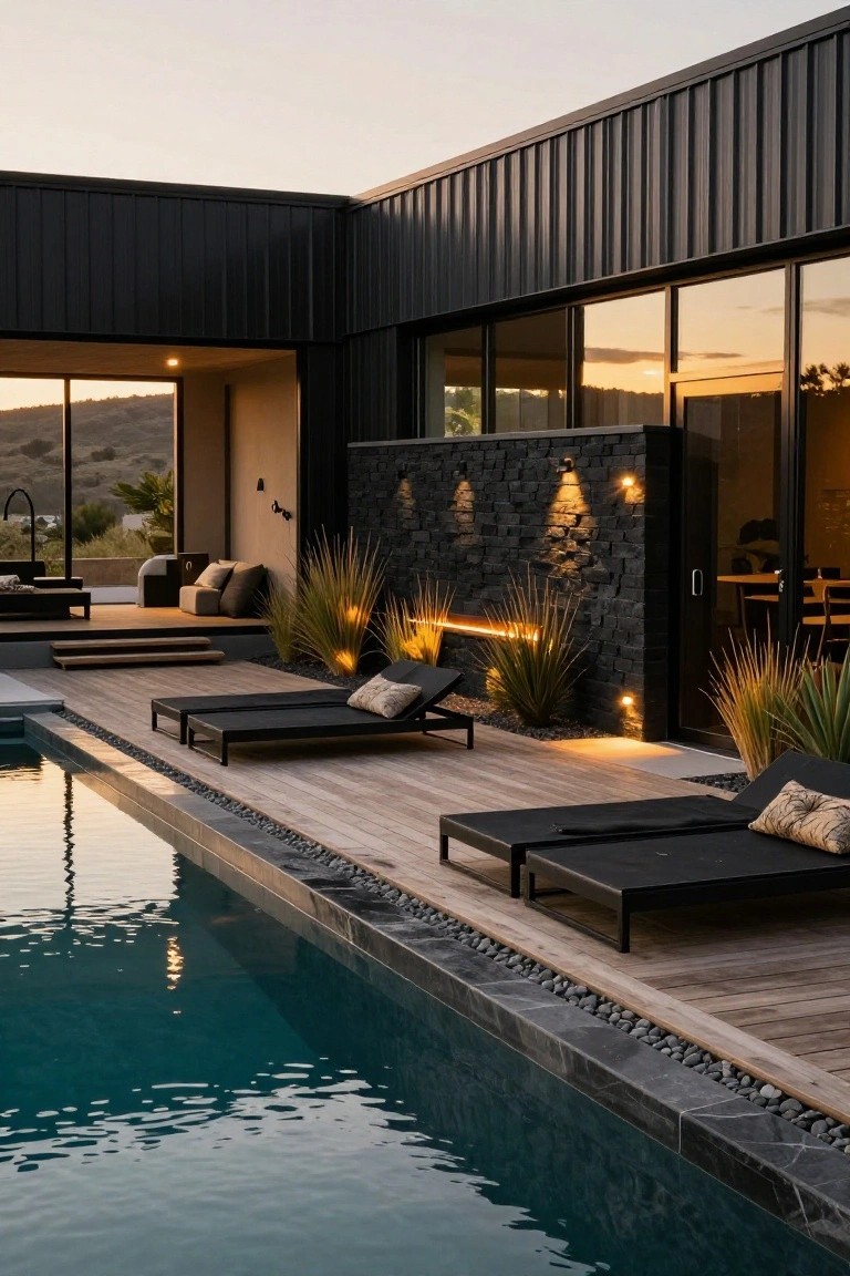 Modern house corner with black corrugated metal walls and roof, large glass windows overlooking hills, stone accent wall, wooden deck with black loungers beside a rectangular pool edged in black stone and pebbles at sunset.