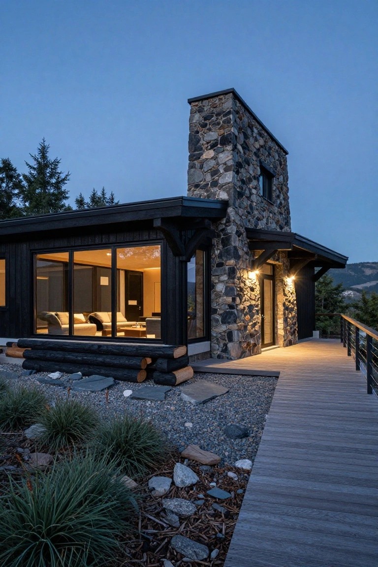 Evening photo of a modern house with black wood cladding, tall stone chimney tower, large glass windows revealing interior, wooden deck with railing, gravel landscaping, grasses, logs, and distant trees and hills.