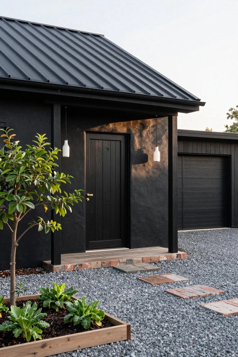 Black modern house exterior with corrugated metal roof, textured black walls, dark wood door with gold handle, two bottle-shaped pendant lights, adjacent black garage doors, small tree, raised wooden garden bed with greens, gravel ground, and brick steps.