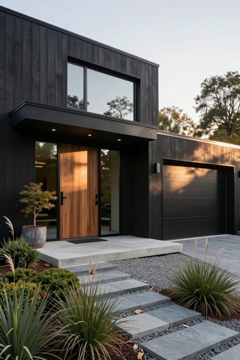 Modern house exterior with black vertical timber siding, wooden pivot entry door with glass sidelights, cantilevered entry canopy, attached garage door, concrete steps, and low-water plants.
