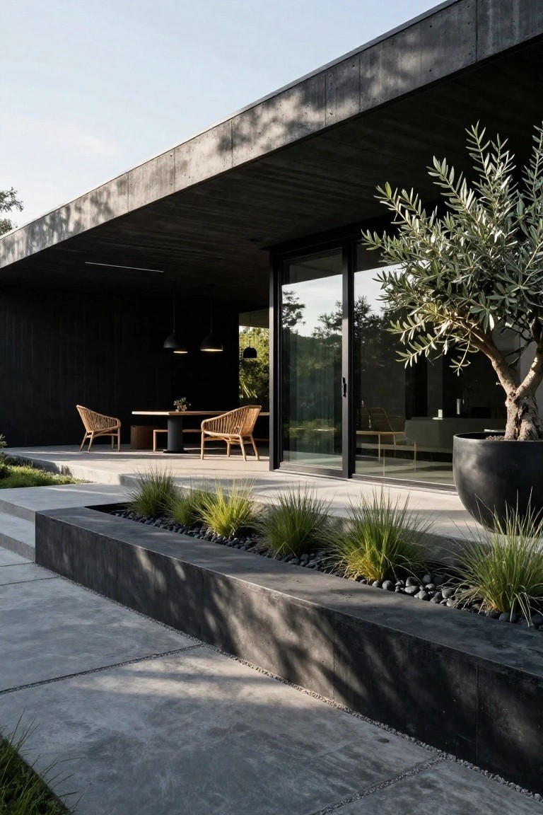Black wood-clad modern house exterior with cantilevered roof over a concrete terrace featuring rattan chairs and table, large glass sliding doors, potted olive tree, and grass plantings in black concrete beds along a concrete walkway.