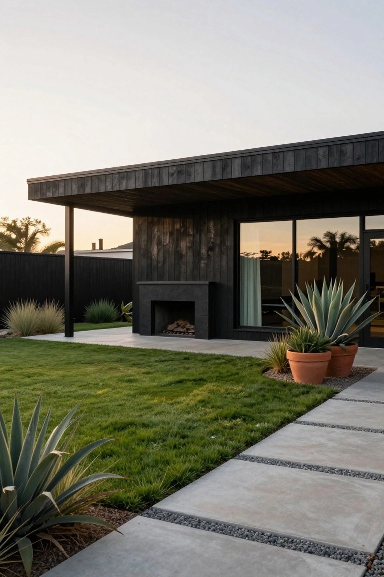Modern single-story house exterior featuring black wood cladding, overhanging roof, large glass sliding doors, built-in outdoor fireplace, concrete pathway, green lawn, and potted agave plants.