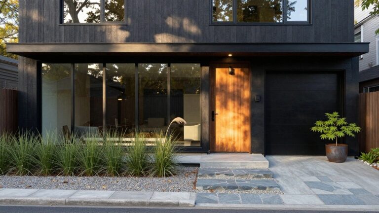 Modern house exterior with black vertical timber siding, wooden pivot entry door with glass sidelights, cantilevered entry canopy, attached garage door, concrete steps, and low-water plants.