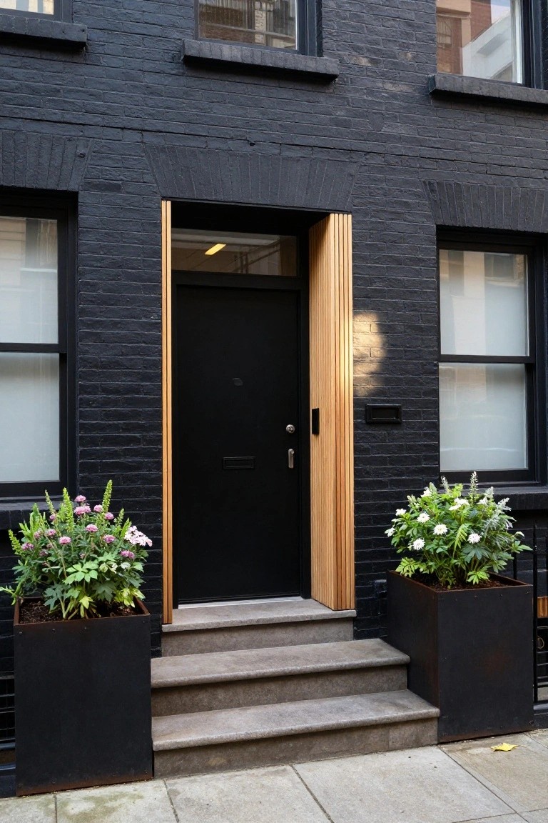 Black brick townhouse facade with a black front door framed by vertical wood slats, flanked by two large black metal planters containing flowering plants and greenery, concrete steps leading up to the entrance.