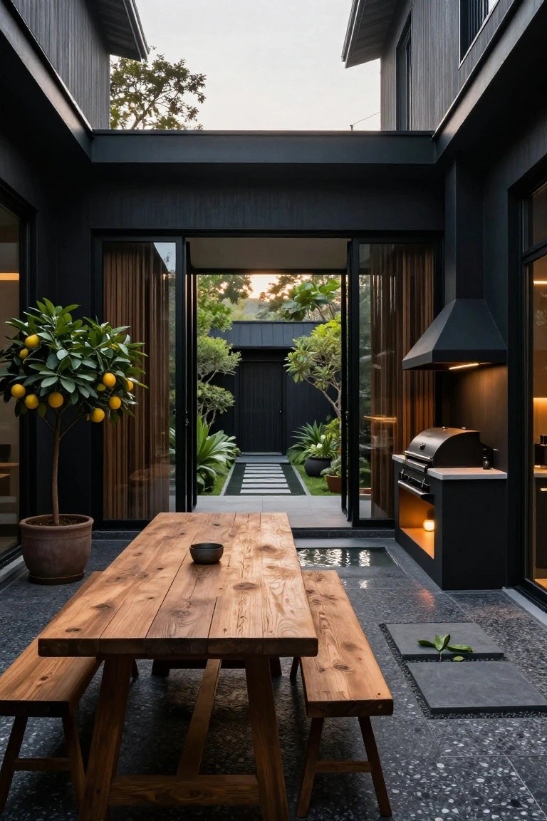 Black modern house courtyard patio with open glass doors, wooden dining table and benches, potted lemon tree, built-in black BBQ kitchen, and view to garden with stepping stones and plants.