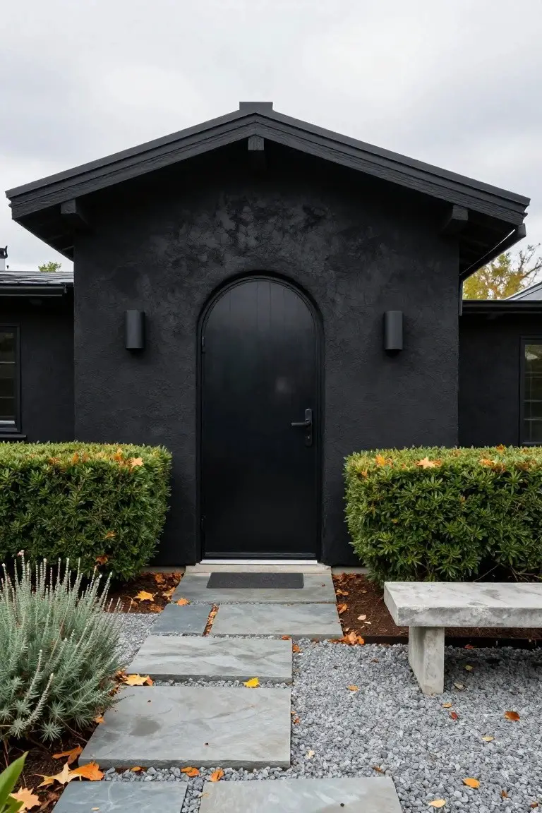 Black stucco house exterior with a centered arched black front door, flanked by green boxwood hedges, a concrete bench to one side, and a stone pathway with gravel leading up to the entrance.