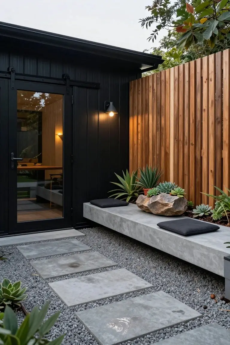 Black modular house exterior with sliding glass barn door partially open, revealing interior, concrete bench with black cushions and potted succulents, gravel path with concrete pavers, wooden slat fence, and various plants.