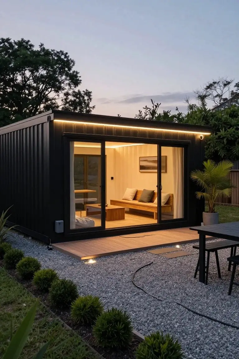 Black shipping container modular home with LED strip lighting along the roof edge, large open glass sliding doors revealing interior, wooden deck, gravel path edged with plants, and trees at dusk.