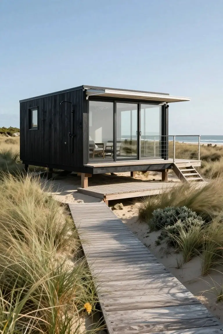 Black wood-clad modular house elevated on wooden stilts among beach dunes with a boardwalk path leading to its deck and large glass sliding doors facing the ocean.