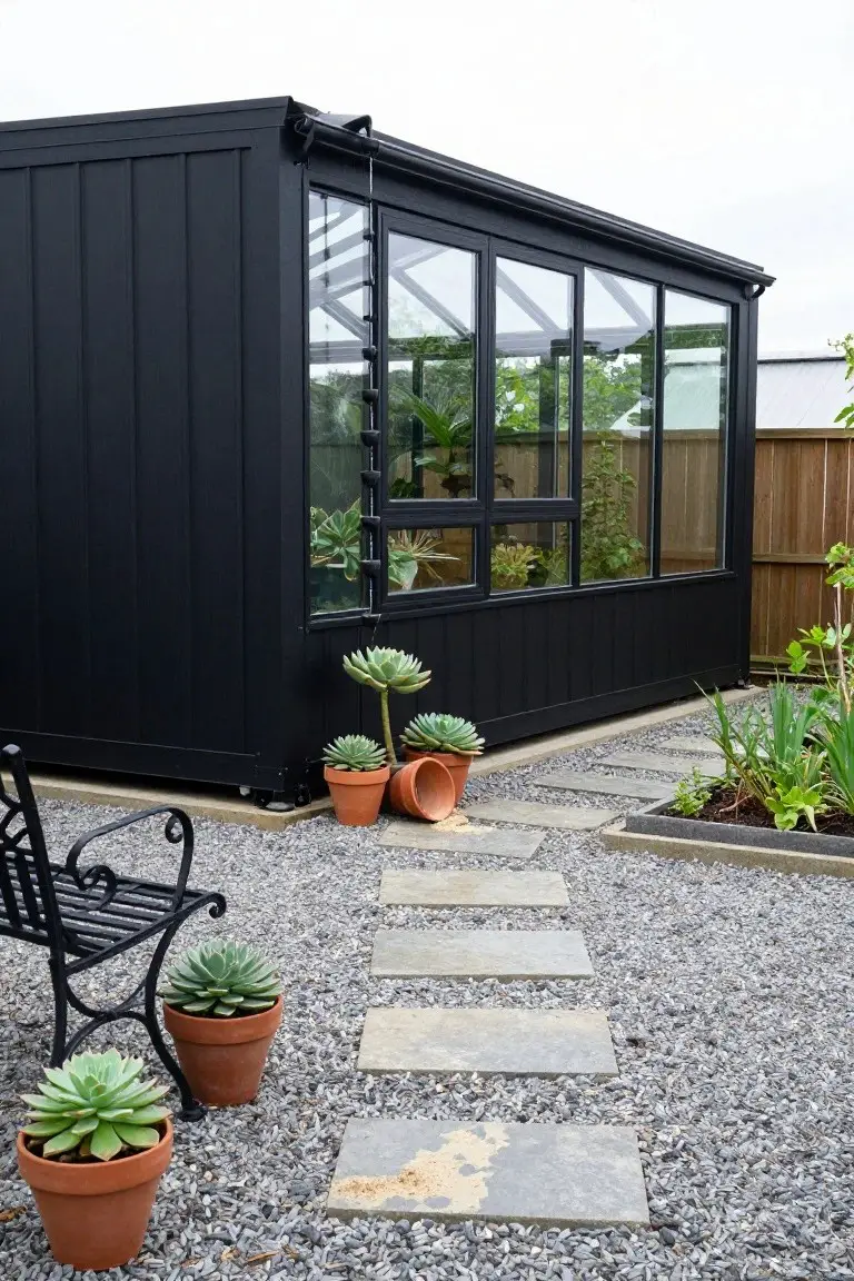 Black paneled modular house with large glass-walled extension containing plants, next to gravel yard with stone path, potted succulents, and black metal bench.