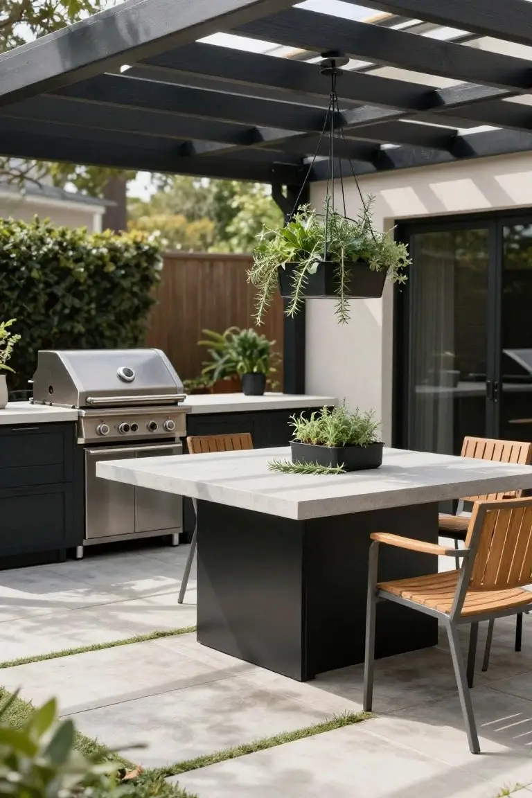 Outdoor patio under black pergola with built-in stainless steel grill on black cabinets, concrete kitchen counters and dining table, teak chairs, potted plants, and glass doors on adjacent stucco wall.