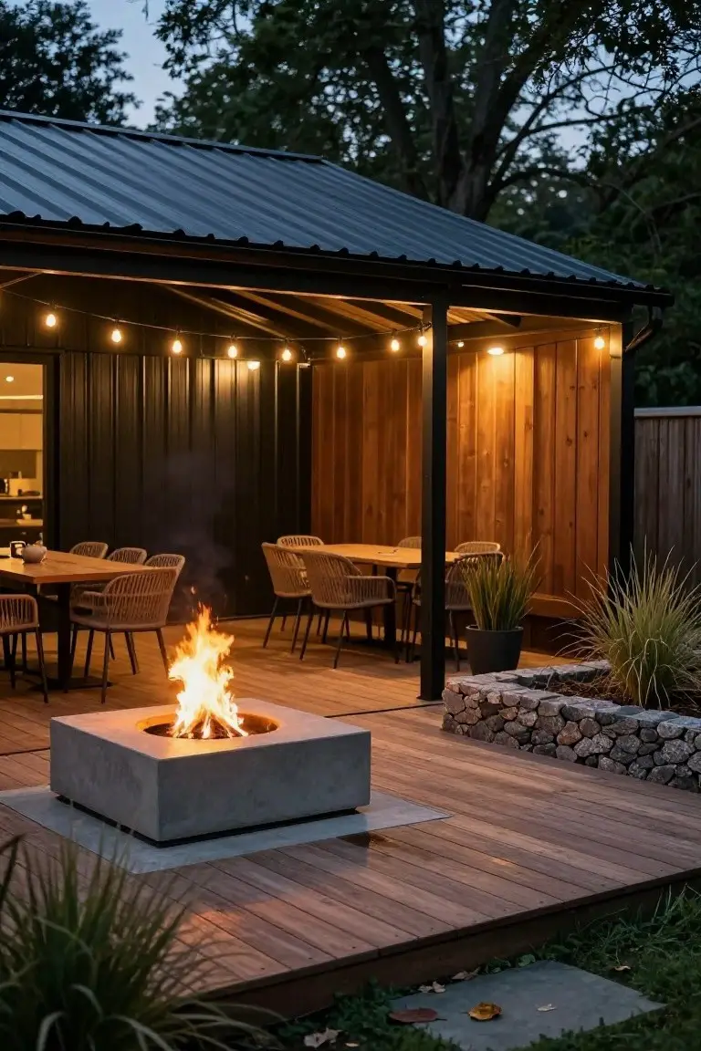 Covered outdoor patio on a wooden deck with a central square concrete fire pit burning, rattan chairs at wooden dining tables, string lights overhead, potted grasses, and stone garden bed next to dark walls and glass door.