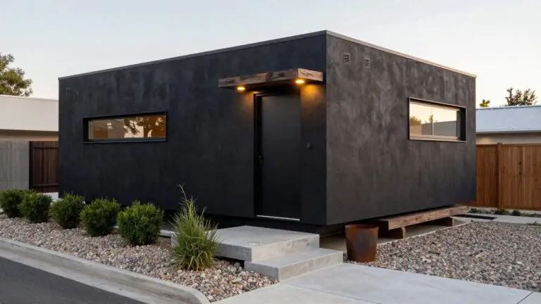 Black boxy modular house exterior with dark textured siding, a wooden bench on a concrete entry platform next to a black door and window, warm entry lighting, gravel paths, stone steps, bamboo plants, and low shrubs in the garden.
