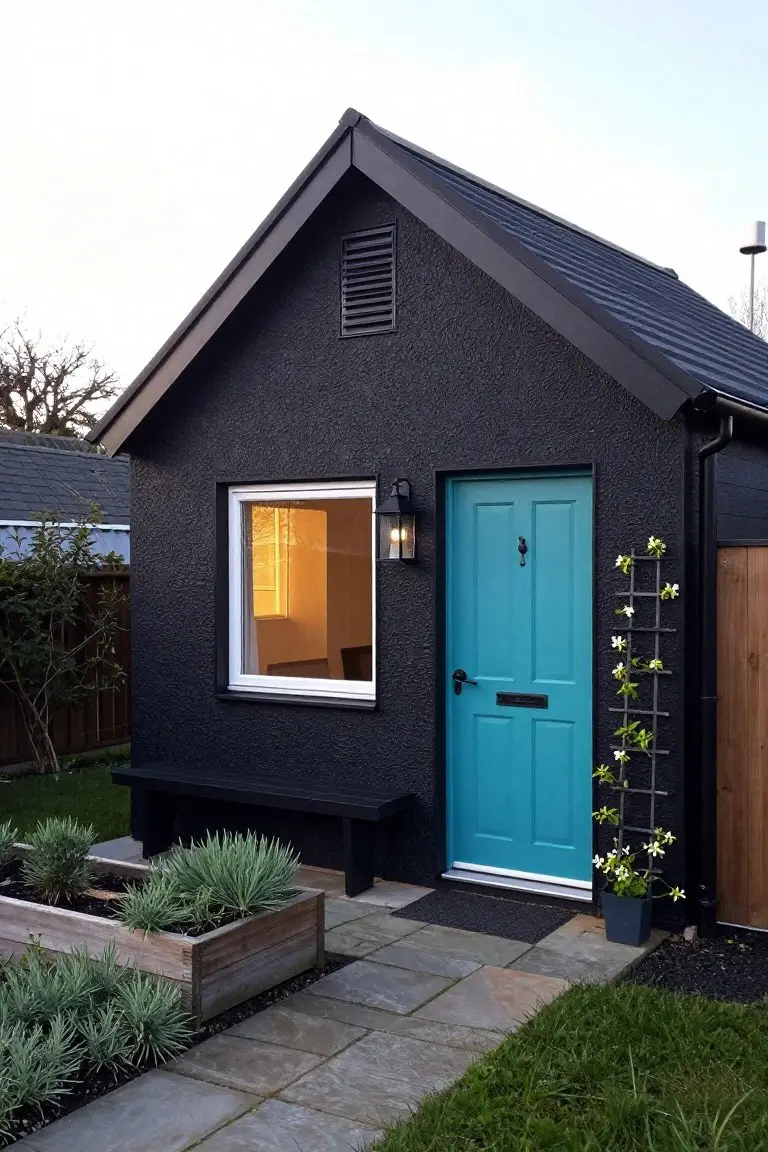 Small black house with textured siding, turquoise front door, white-framed window with interior light, black lantern beside door, wooden bench, raised planter boxes with grasses, stone path, and potted climbing plant on trellis.