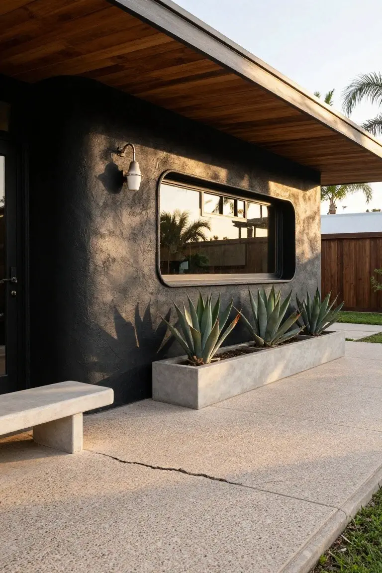 Side exterior of a modern black textured stucco house wall under a wooden overhang, featuring a curved window, wall lamp, black door, concrete bench, and agave plants in a rectangular concrete planter on a concrete patio with grass and palm trees nearby.