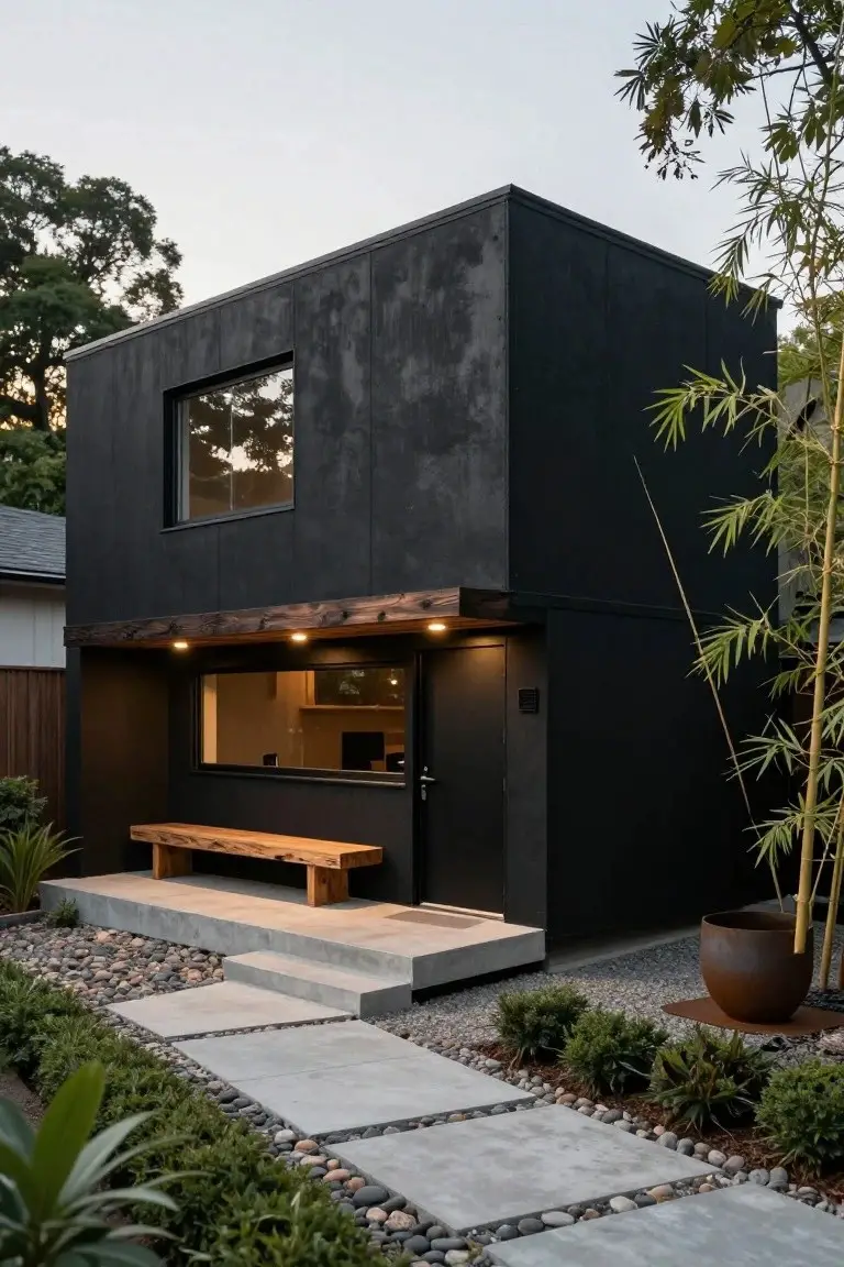 Black boxy modular house exterior with dark textured siding, a wooden bench on a concrete entry platform next to a black door and window, warm entry lighting, gravel paths, stone steps, bamboo plants, and low shrubs in the garden.