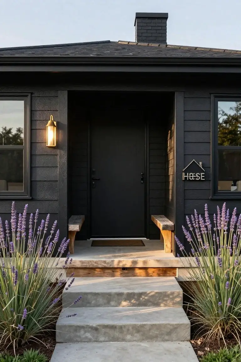 Wooden Bench Beside the Black Door