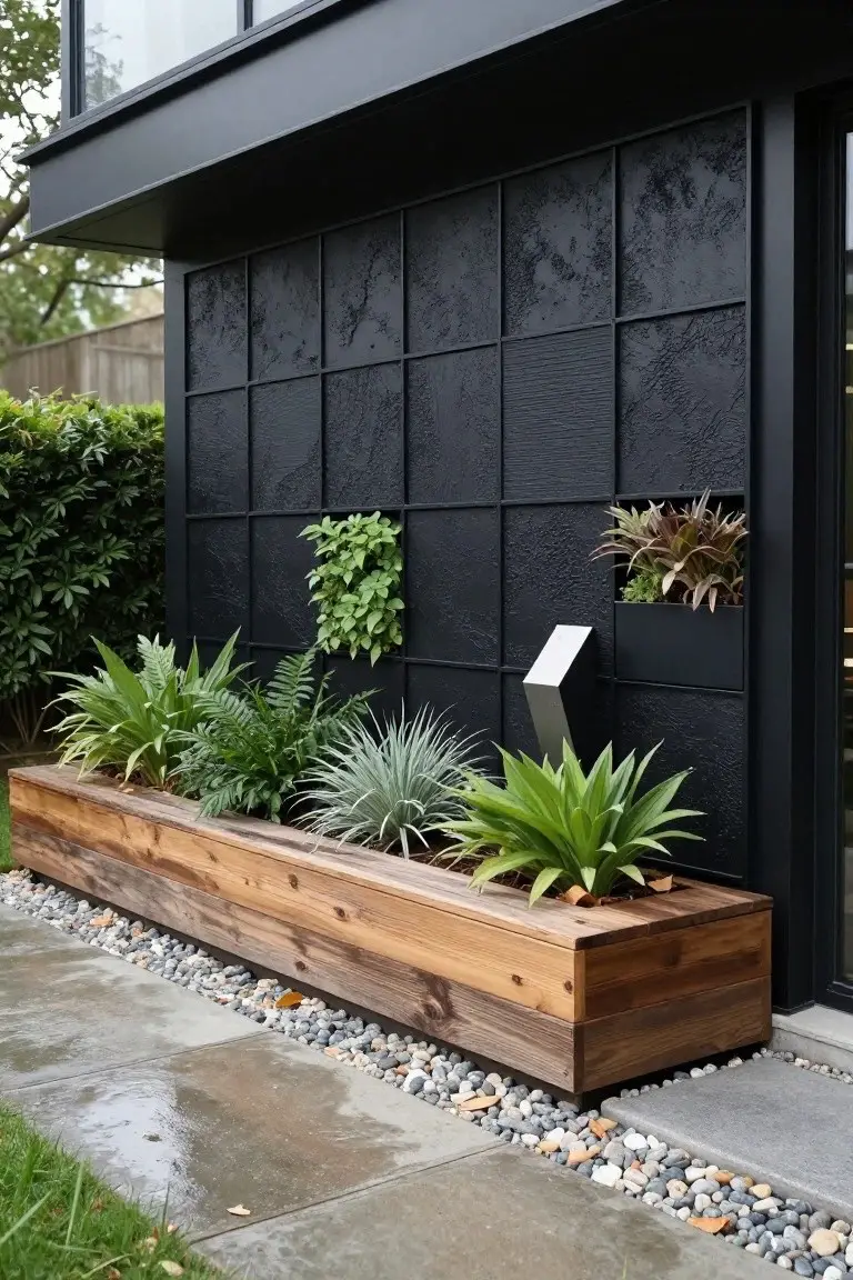 Close-up side view of a black textured grid wall on a modern house exterior with integrated plant pockets, a long wooden planter box filled with succulents and ferns at the base, gravel mulch, and a concrete path nearby.
