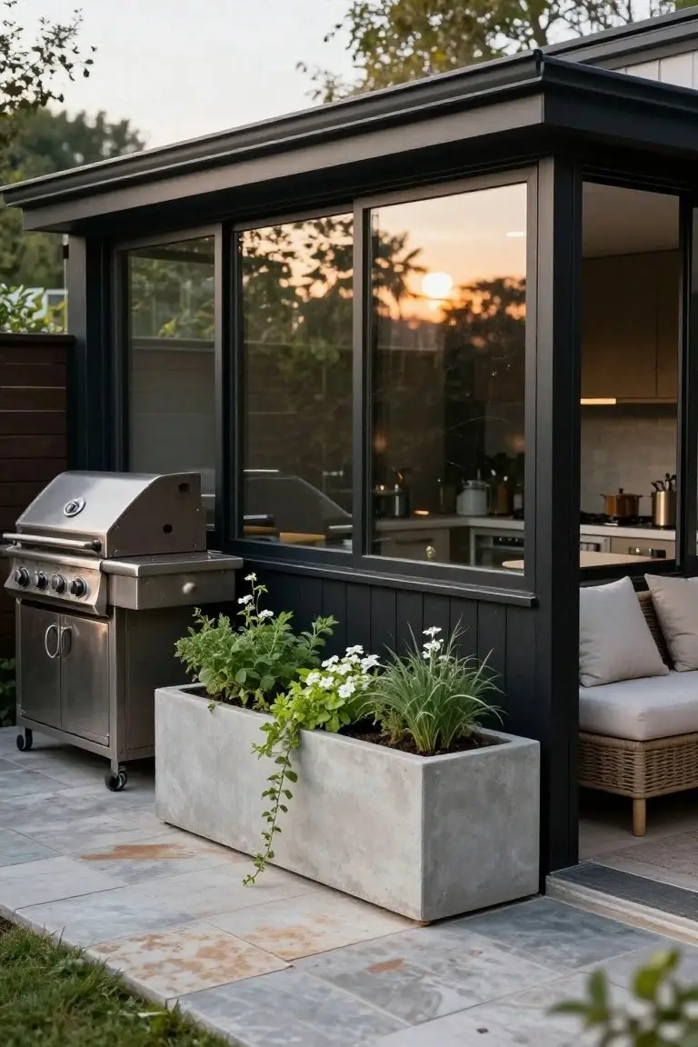 Outdoor patio with stainless steel BBQ grill next to a large concrete planter of herbs and flowers, adjacent to black-framed glass walls revealing a modern kitchen interior and beige rattan seating.