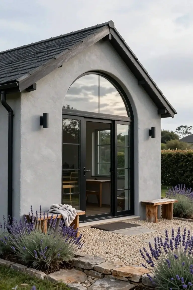 Gray stucco outbuilding with large arched black-framed glass door flanked by black-framed windows, wooden benches with lavender plants and folded blanket outside on gravel patio edged in stone.