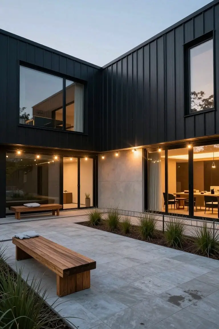 Modern L-shaped house corner with black corrugated metal siding, large black-framed windows and sliding doors, concrete accent wall, paved patio, wooden bench, and grasses.