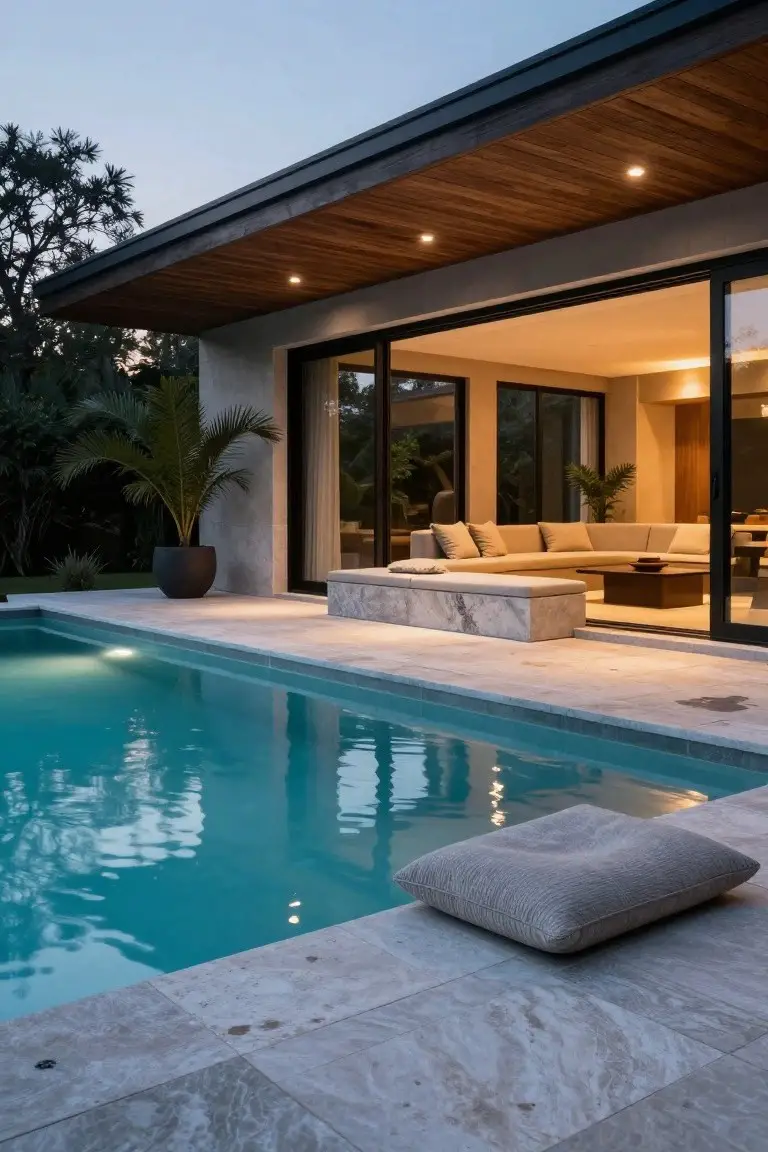 Modern house exterior with tall black-framed sliding glass doors opening from interior living area to a lit turquoise pool, stone deck, beige L-shaped sofa inside, potted palm tree, and tropical landscaping at dusk.