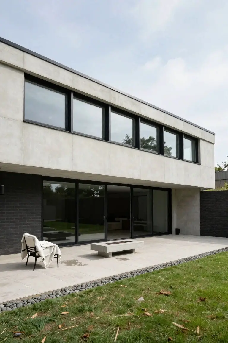 Side exterior view of a modern house with pale concrete walls, multiple horizontal black-framed windows, large black sliding glass doors, and a brick base, opening to a tiled patio with a white chair, concrete bench table, and adjacent grass and pebble landscaping.