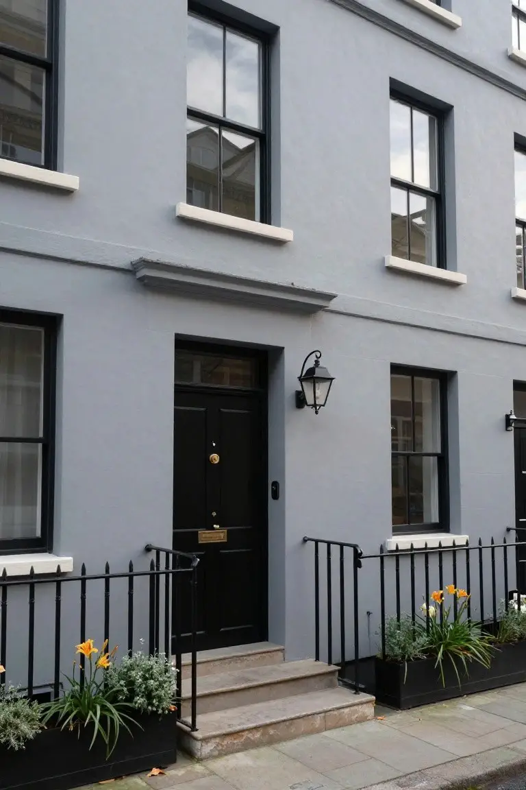 Light gray three-story terraced house exterior with black-framed sash windows, black front door, black iron railing and steps, wall-mounted lantern light, and black planters with orange daylilies.