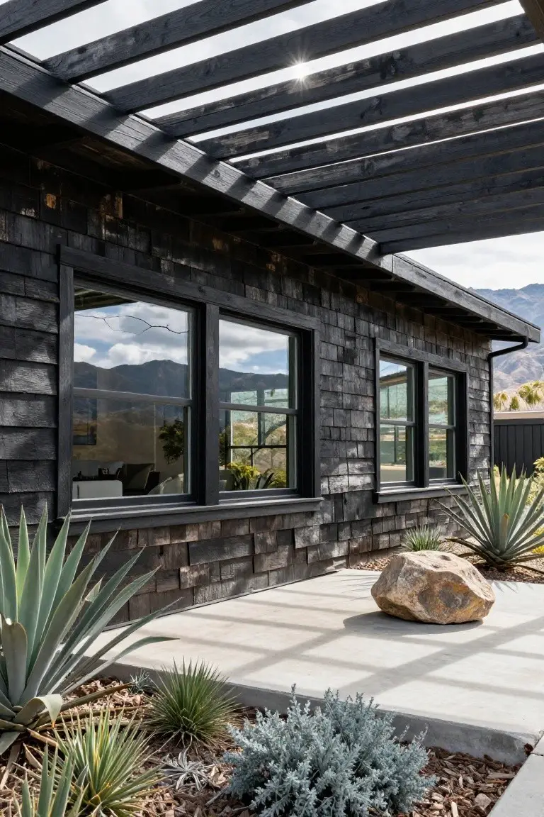 Side exterior of a house featuring black charred shingle siding, large black-framed windows reflecting mountains, a wooden pergola overhead, concrete patio with agave plants and a large rock, and desert landscaping.