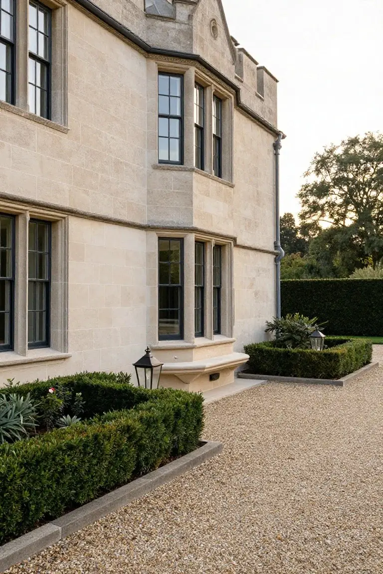 Exterior side view of a light beige stone house with multiple black-framed sash windows, a bay window featuring a stone bench and lantern light, boxwood hedges, and a gravel path.