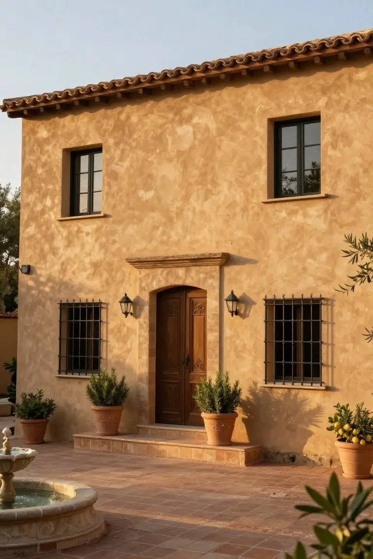 Beige stucco house exterior with terracotta tile roof, black-framed windows featuring wrought-iron grilles, carved wooden arched door flanked by lanterns, potted plants in terracotta pots, and stone fountain on tiled courtyard paving.
