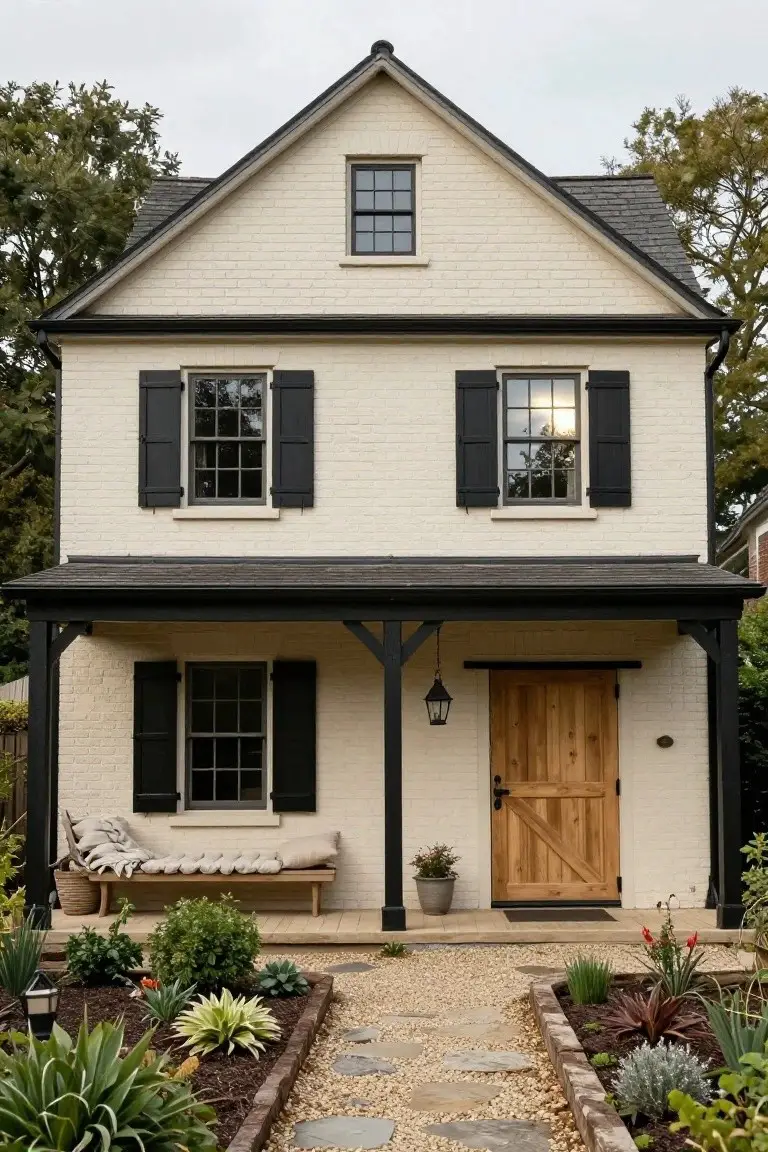 Two-story white brick house with black-framed windows, black shutters, dark roof and porch trim, wooden front door, bench on porch, and gravel path with succulent plantings in front yard.