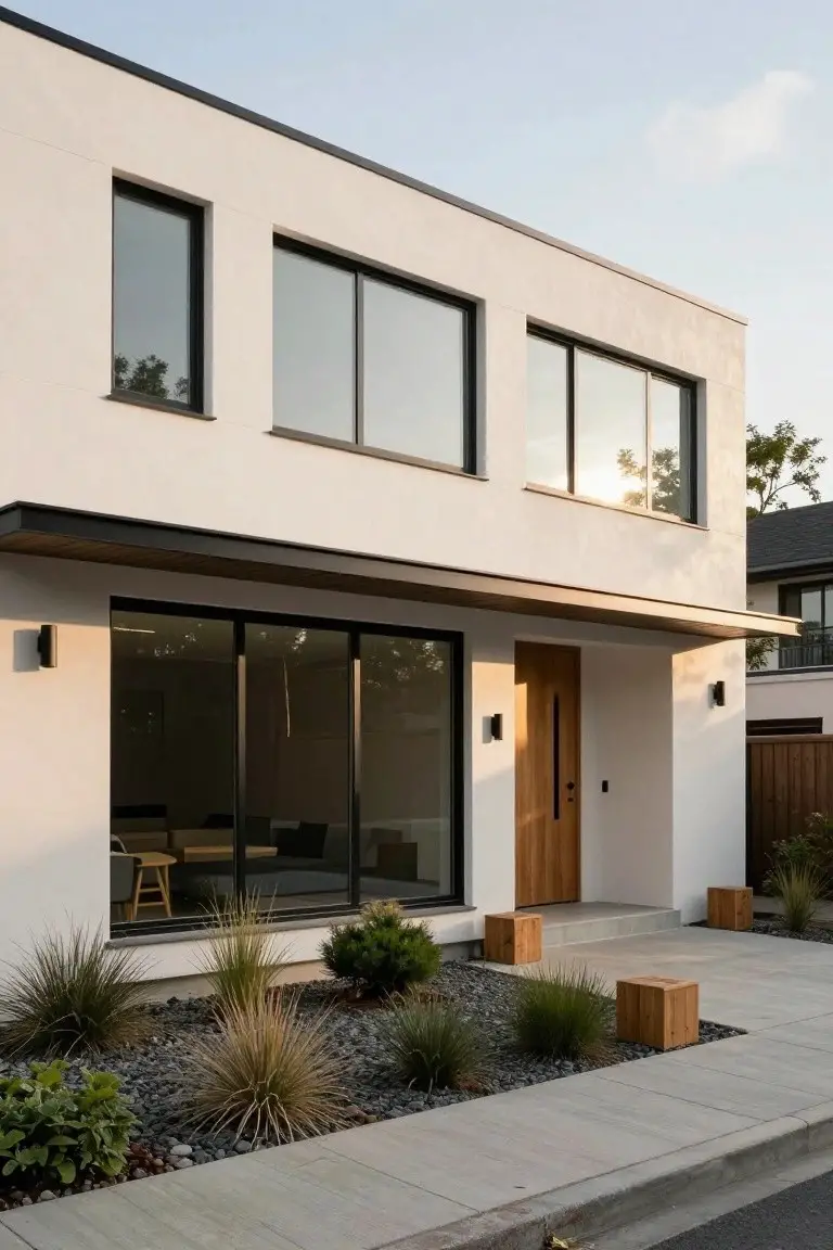 White stucco house exterior with black-framed windows, wooden front door, black exterior lights, and gravel landscaping with grasses and wood cubes along a concrete path.