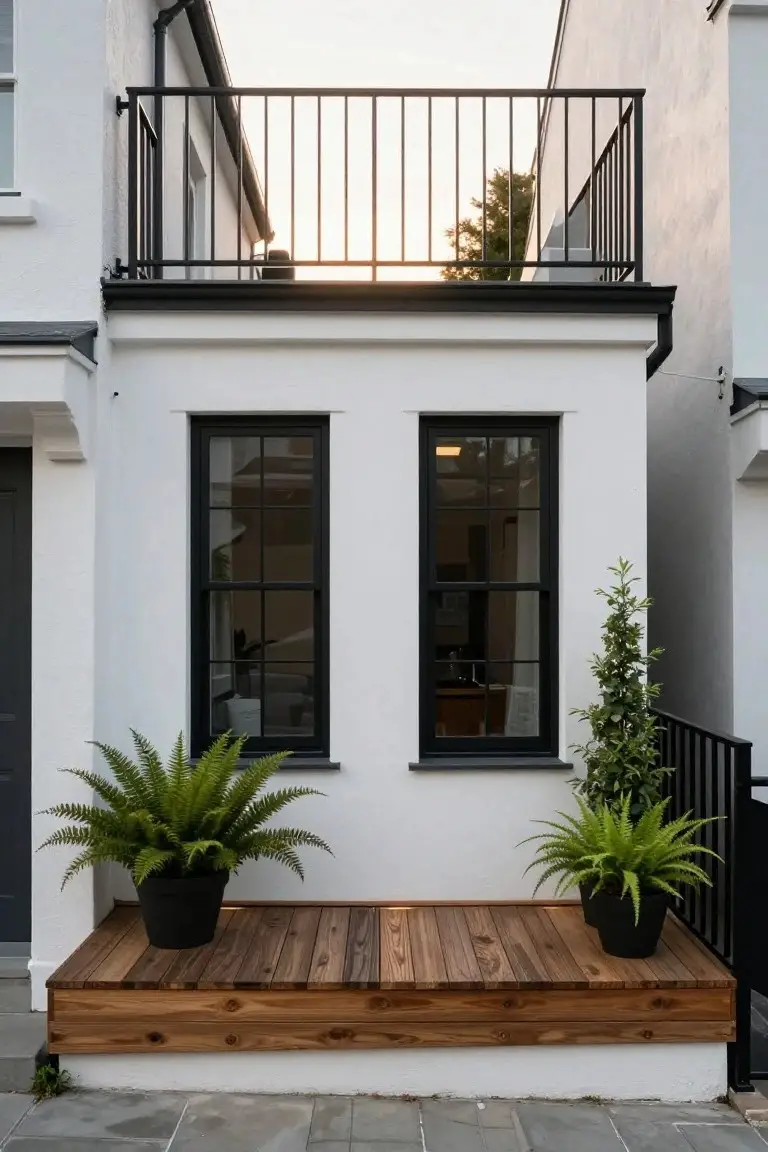 White rendered house exterior with two tall black-framed windows, potted ferns on a wooden raised platform below them, black metal balcony railing above, and dark garage door to the left on a paved driveway.