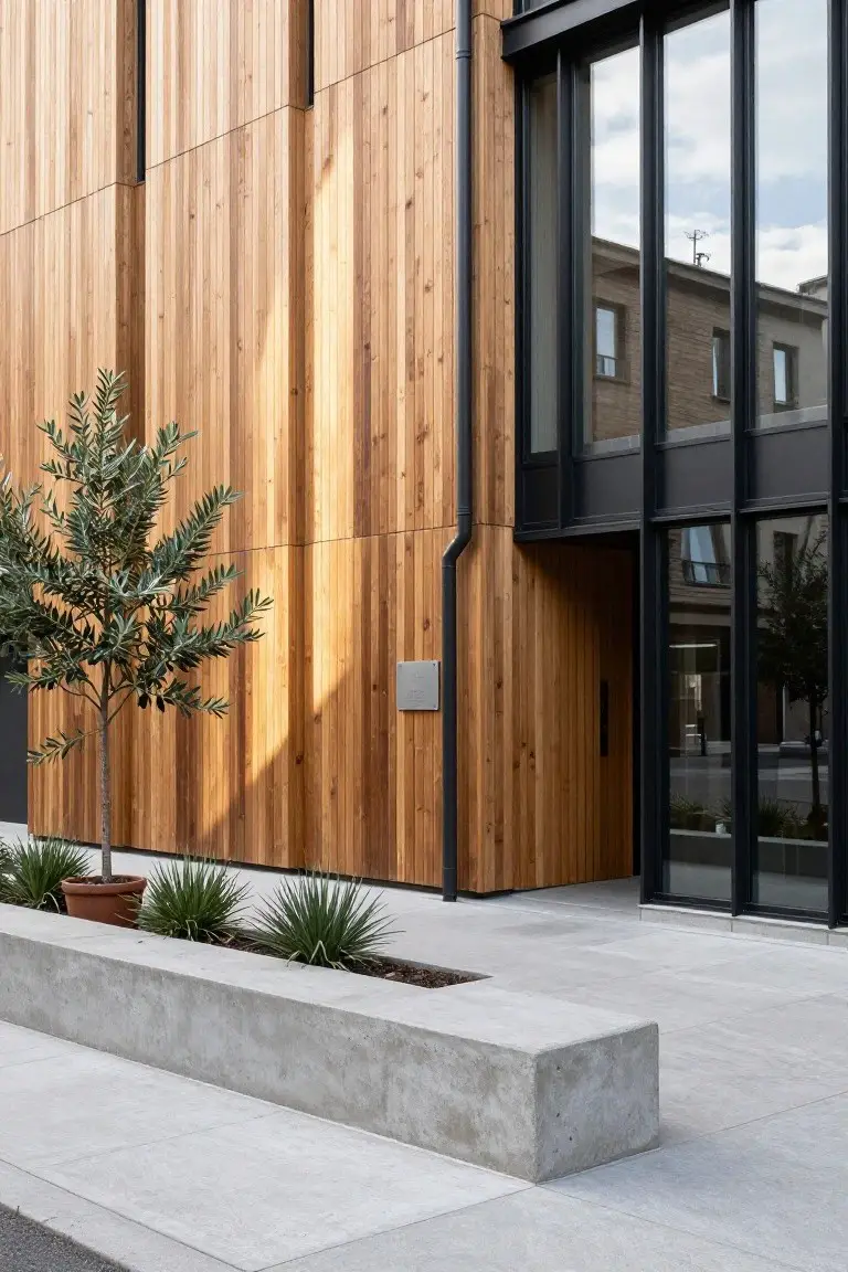 Exterior of a modern building with vertical light-toned wood cladding, tall black metal-framed glass windows and doors at the corner entrance, potted olive tree, agave plants in reddish pots and concrete troughs, concrete bench, and light gray paved walkway.