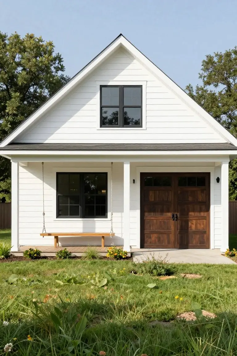 White board-and-batten detached garage with gabled roof, black-framed windows, dark wood double garage doors, porch swing, and low plantings on a grassy yard.