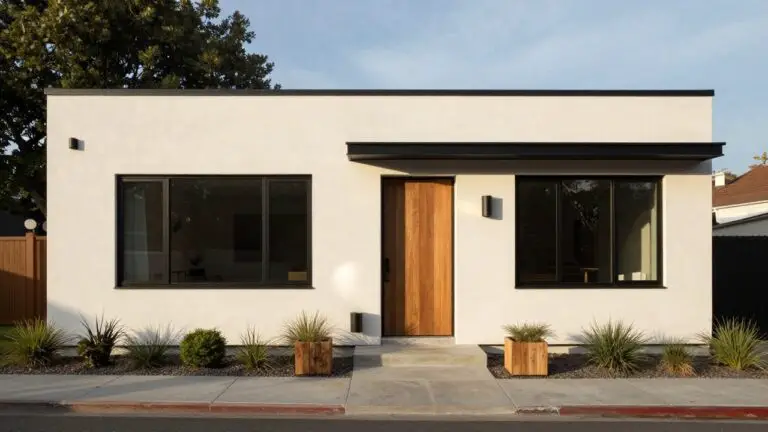 White stucco house exterior with black-framed windows, wooden front door, black exterior lights, and gravel landscaping with grasses and wood cubes along a concrete path.