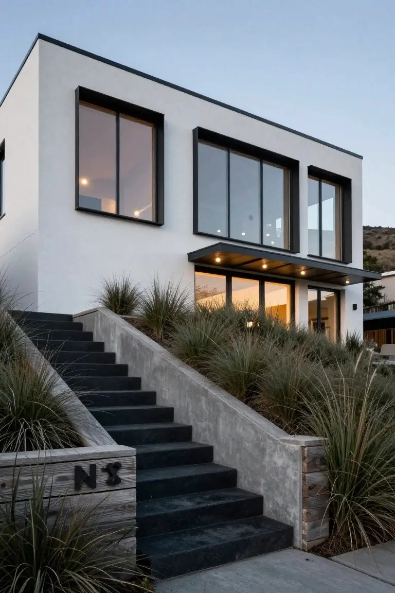 Modern white stucco house exterior with large black-framed windows, black metal entry canopy, wide concrete steps with black treads flanked by tall grasses on a hillside slope at dusk.